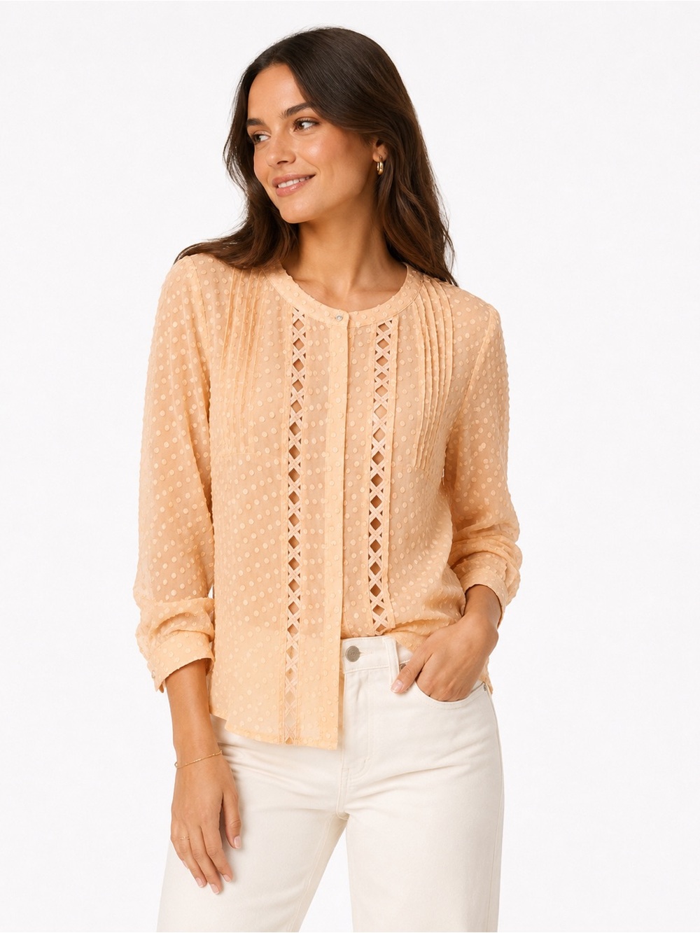 Anthropologie Meadow Rue Adoria Silk Blend Swiss Dot Blouse Small Peach Rose